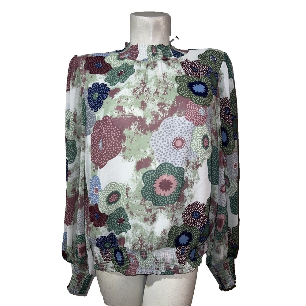 Marc New York Andrew Marc Floral Smocked Neck Blouse XL Multicolor Long Sleeve